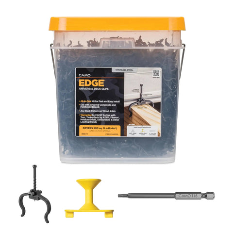 Heavy Duty Universal Hidden Deck Fastener Clips for Wood Composite and PVC Grooved Boards No Sweat Setup and One Pass Fastening Tough as Nails 900 Pack Outdoor Deck Hardware in bucket with installation tools.