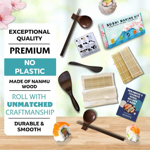 Premium Wood No Plastic Sushi Making Kit For Home Use Beginners To Pro Chefs Includes Bamboo Mats Rice Paddle Rice Spreader Tea Cloth
