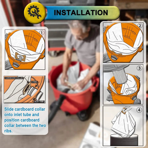 Diagram showing installation of Ultimate 5-Pack High-Efficiency Replacement Shop Vac Bags for 12-16 Gallon Wet/Dry Vacuums - Size A