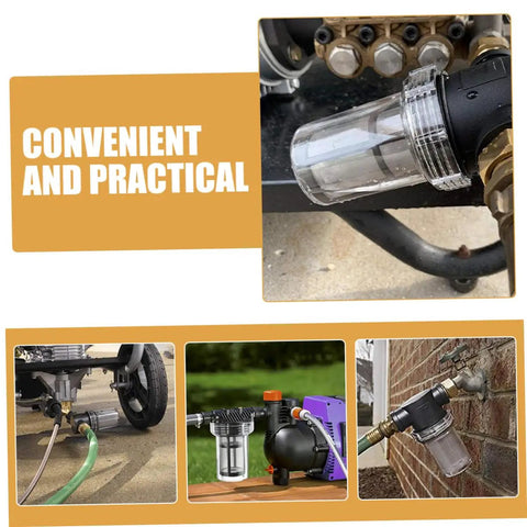 Heavy Duty Inline Water Sediment Filter for Garden Hose or Car Wash Rig with Quick Connect Fitting shown connected to various outdoor setups.