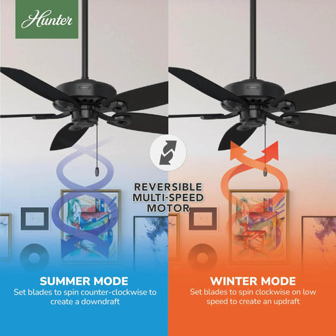 52 Inch Indoor Ceiling Fan No Light With Pull Chain Slick Matte Black Finish showing summer and winter modes with reversible motor