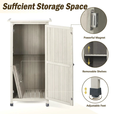 Wooden Outdoor Storage Cabinet And Vertical Garden Tool Shed With Waterproof Metal Roof And Two Adjustable Shelves Ideal For Yard Patio Deck And Porch Gray 20 By 24 By 48 Inches, showcasing interior space with adjustable features.