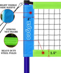 Close-up of the 20 foot outdoor portable volleyball net system with adjustable height showing steel poles and net frame.