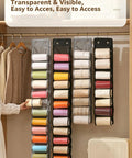 Slick Double Sided Hanging Closet Organizer With Sixteen Clear Pockets For Gym Gear And Casual Threads, Space Savvy Wardrobe Storage Hanger With Heavy Duty Clips, Keep Your Room Tight In Charcoal Gray, showing colorful rolls in clear pockets.