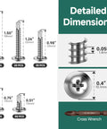 Detailed dimensions of Built Tough 145 Piece Self Tapping Screw Assortment Kit featuring various sizes and cross wrench.