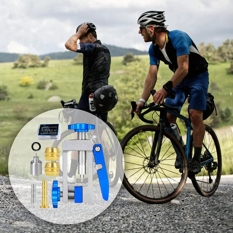 Hydraulic Disc Brake Hose Fitting Tool Kit With Upgraded Needle Driver, Olive And Brass Inserts, shown with cyclists on trail