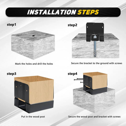 Installation steps for 10 Pack 4x4 Post Base Anchors for Concrete, Wood or Iron Posts, showing secure fitting process.