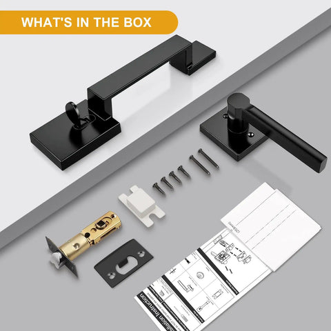 Slick Heavy Duty Black Exterior Front Door Handle Set Featuring Modern Square Design And Smooth Glide Lever For Foolproof Left Or Right Installation components laid out in box.