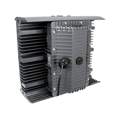 Pro Grade 50 Watt Led Flood Light Generating Solid 180 Degree Ultra Wide Beam, back view showing heat sink and quick connector.