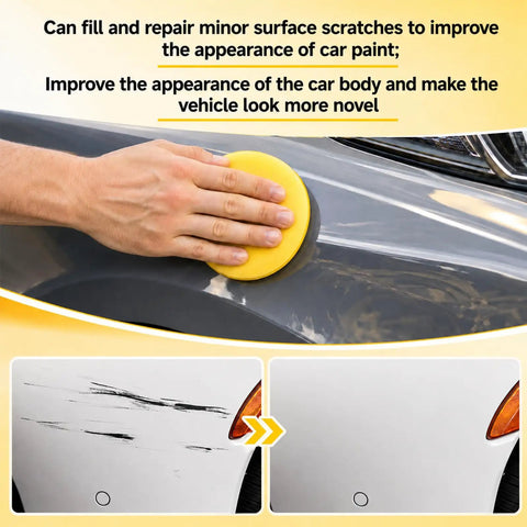 No Sweat Car Scratch Remover Quick Fix Paste For Shallow And Deep Auto Scratches Treats All Paint Colors, applying with yellow pad.