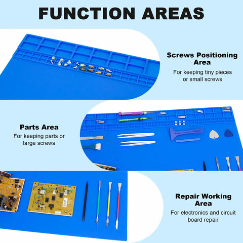 Massive Silicone Soldering Mat With Hella Heat Resistance Up To Five Hundred Degrees Fahrenheit Badass Workbench Pad For Phone Laptop Electronics Bga Rework And Soldering Gear Blue showing function areas for screws and parts.
