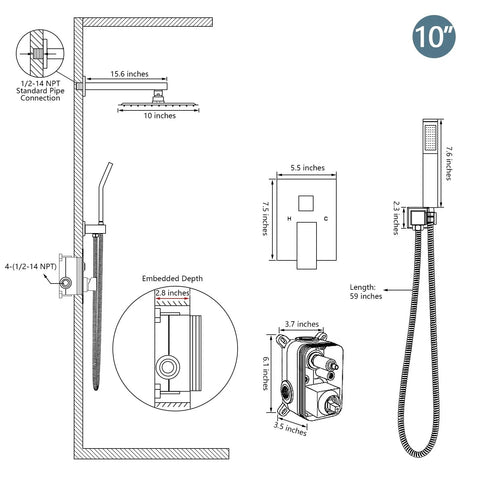 Diagram of All In One 10 Inch Rainfall Shower Head With Handheld Kit, Wall Mounted Shower System With Pressure Balance Valve details.