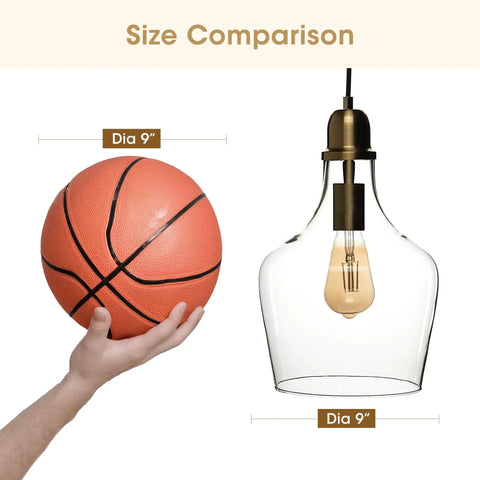 Size comparison of basketball and Hand Blown Glass Bell Pendant Light in Gold and Clear, showing 9 Inch Shade diameter.