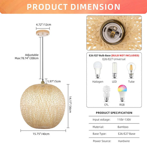 Boho Bamboo Pendant Light With Round Wicker Basket Shade Handwoven Ceiling Lamp dimensions and bulb compatibility guide