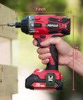 20V Max Lithium Ion Impact Driver With One Quarter Inch Quick Connect Chuck in use fastening wood, 7 inch length, 7.8 inch height