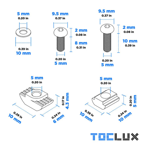Illustration of Rock Solid 680 Pieces M5 T Slot Nut And Screw Kit Pack showing various components and dimensions.