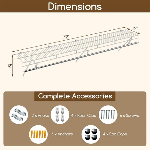 Dimensions of heavy duty wall mounted closet shelves featuring a 72" x 12" wire rack for seamless vertical organization setup.
