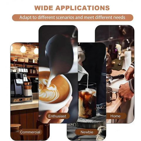 Automatic Coffee Tamper With 58Mm Portafilter shown in various settings: commercial, home, and for enthusiasts.