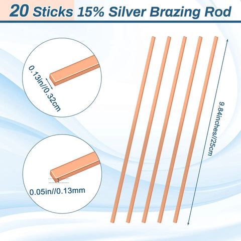 20 Piece Set 15 Ag Silver Brazing Rods AWS BCuP5 Copper Bronze Solder Sticks with dimensions 0.05in thickness and 9.84in length