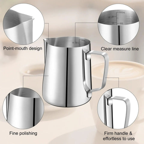 Four Pack 20 Oz Stainless Steel Milk Frothing Pitchers For Coffee And Latte Art Barista Gear Steamer Jugs with design details.