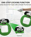 Demonstration of 125 Ft Non Conductive PET Fish Tape Wire Puller With Three Sixteenth Inch Cable, showing one-step locking function