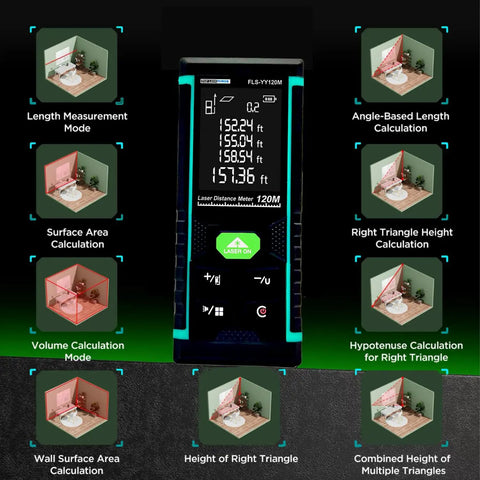 Hella Sharp Green Laser Distance Meter Hardcore Long Range Measuring Tool For Outdoor And Indoor Jobs Featuring Area Volume Calculations And Dead On Millimeter Accuracy with measurement functions displayed.