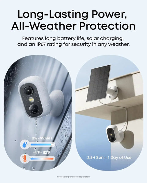 Security Camera Kit With Four Cameras Wireless Indoor Outdoor Surveillance System Mag Mount Color Night Vision Local Storage, showing weather resistance and solar panel compatibility
