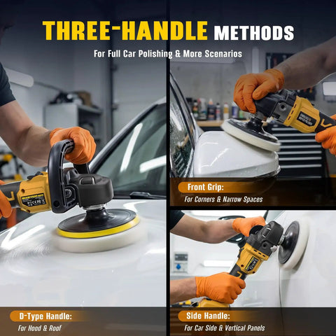 7 Inch Cordless Rotary Buffer Polisher Kit For Auto Detailing Car Waxing And Paint Correction Compatible With Pro Power Tool Batteries demonstrating three grip methods.