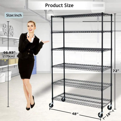 Heavy Duty Rolling Wire Shelving Unit Six Tier Adjustable Steel Storage Rack With Smooth Casters Commercial Grade NSF Certified Shop Ready Heavy Lifter Utility Shelf For Garage And Basement with model showing size dimensions.