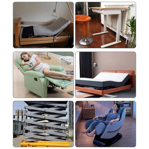 Various applications of 12V Micro Linear Actuator With 100mm Stroke, showing in beds, recliners, and machinery lifts.