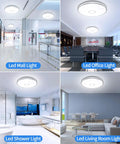 Lit 15 Inch LED Flush Mount Ceiling Light Fixture with 3800 Lumens in mall, office, shower, and living room settings