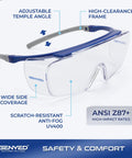 Chill Safety Glasses That Slide Smooth Over Prescription Frames Ansi Certified Anti Fog Scratch Proof Lenses shown with adjustable temple and wide side coverage