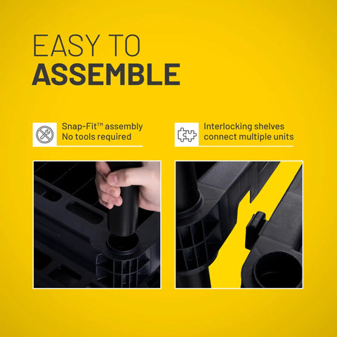 Easy assembly of Heavy Duty Five Shelf Plastic Storage Rack Measuring 73 X 36 X 18 Inches With A 750 Lb Weight Capacity.