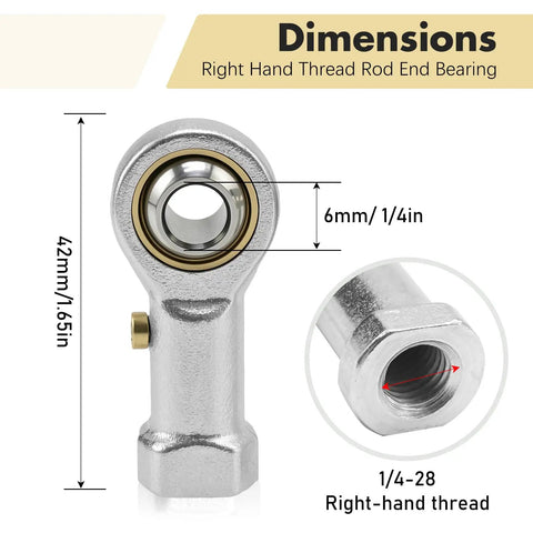 Four Pack PHSB4 Steel Rod End Bearings With 1/4 Inch Bore And 1/4-28 Right Hand Female Thread, detailed dimension view.