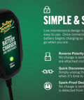 12V Smart Battery Charger And Maintainer For Powersports Riders visible, with green background and LED indicator, showcasing compact design.
