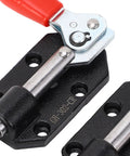 Close-up of Rock Solid Two Pack Push Pull Toggle Clamps Built From Heavy Duty Cast Iron with red handles for seamless tasks.