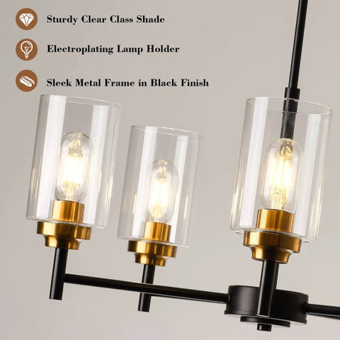 Three Light Linear Kitchen Island Chandelier Rectangle Pendant Lights For Dining Room Farmhouse Hanging Lights With Glass Shades Black And Gold Finish close-up