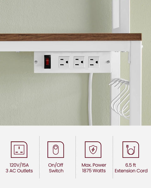 Close-up of built-in power strip showing 3 AC outlets and switch on Multifunctional Bakers Rack With Built In Power Strip Microwave Stand.