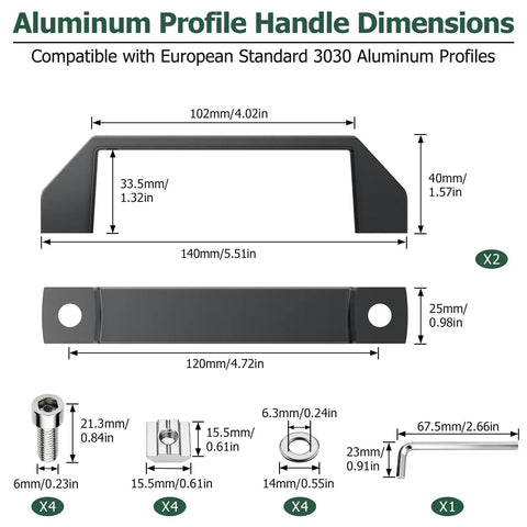 Built Tough 3030 Aluminum Extrusion Door Hardware Kit featuring handle dimensions and accessories for secure mounting.
