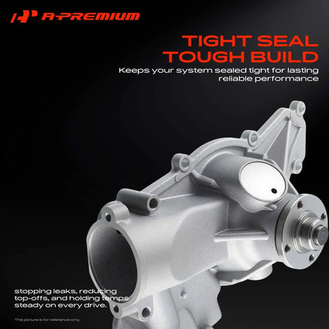Top Shelf Engine Cooling Water Pump With Curved Pipe And Complete Bolt And O Ring Kit Compatible With Ford Workhorse Vans And Super Duty Trucks Built For The Legendary Seven Point Three Turbo Diesel close-up view of aluminum water pump assembly