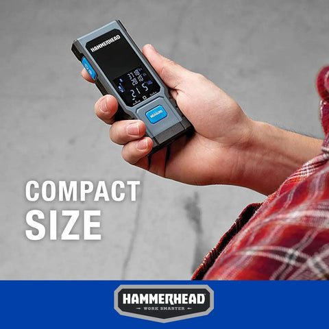 Snappy Precision Digital Laser Tape Measure 130Ft Range Rechargeable Pocket Rocket held in hand, displaying compact size.