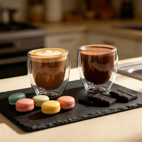 Double Wall Insulated Espresso Cups 5 Oz Glass Set Of 2 For Coffee Machines with coffee and desserts in a kitchen setting