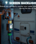Smart Water Flow Meter With Backlit Screen And Brass Inlet And Outlet, shown tracking water usage on an RV setup in low light.