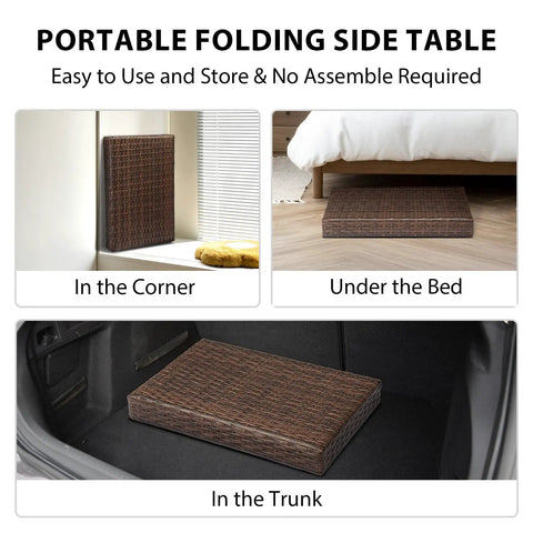 Portable Folding Wicker Table With Steel Frame For Outdoor Use stored in trunk, under bed, and corner