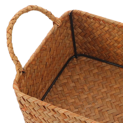 Spacious Open Top Seagrass Woven Storage Basket With Heavy Duty Handles For Kitchen Farmhouse Pantry Bathroom, showing woven texture and handles.