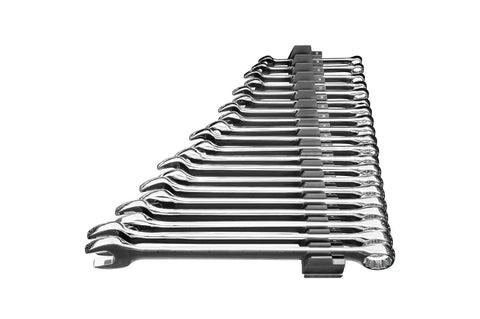 Side view of Modular Wrench Organizer For Twenty Tools With Magnetic Base Built In The USA, neatly holding various wrenches.
