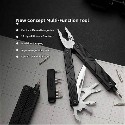 13-in-1 Full-Size Multitool With Ratcheting Screwdriver And Pliers Functions Crafted From Heat-Treated Steel For Serious EDC Carry on a grid background.