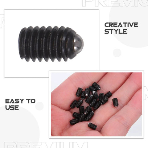 50 Piece M4x6 Stainless Steel Hex Ball Plunger Set Screws Tough As Nails Heavy Duty Fasteners in hand, showcasing spring-loaded design.