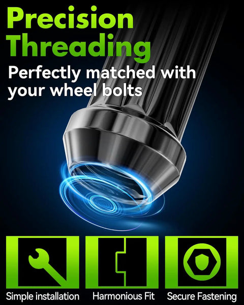 Precision threading of a matte black M14x2 spline lug nut, highlighting its fit for secure fastening on Ford F-150 wheels.