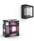 Econic Square Outdoor Smart Wall Light Black With White And Color Ambiance LED Color Changing Light Weatherproof 1 Pack Requires Bridge Control With App And Voice For Porch Patio Front Door next to product box